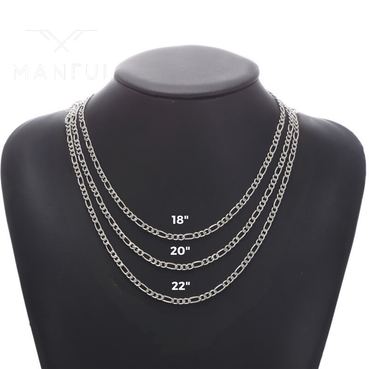 Figaro Chain 7mm Silver, worn on a mannequin comparing 18, 20 and 22 inch lengths