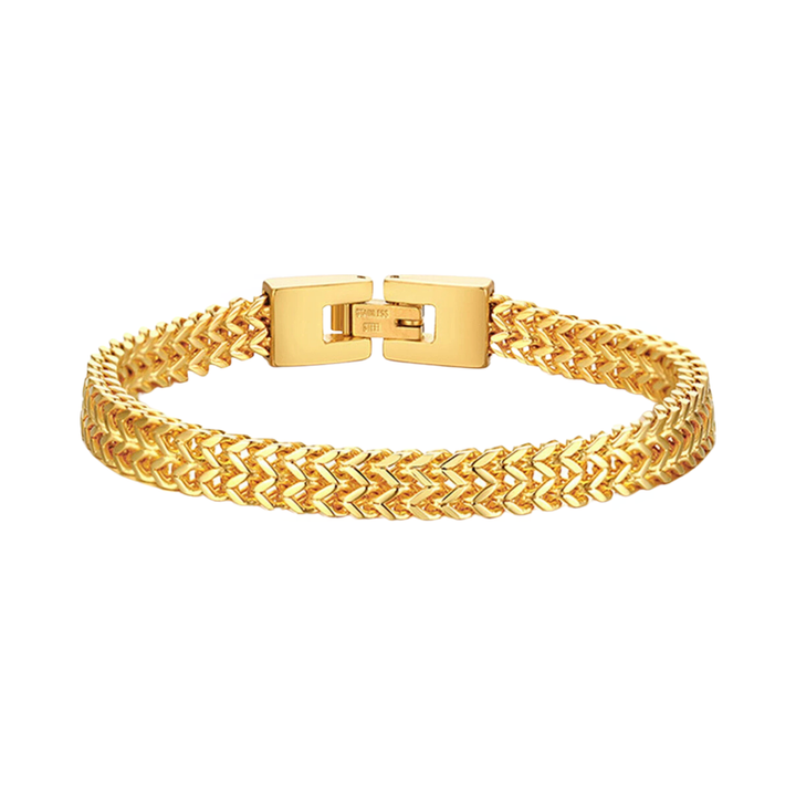 Foxtail Bracelet Gold, isolated on a white background laid in a circle showing the box clasp