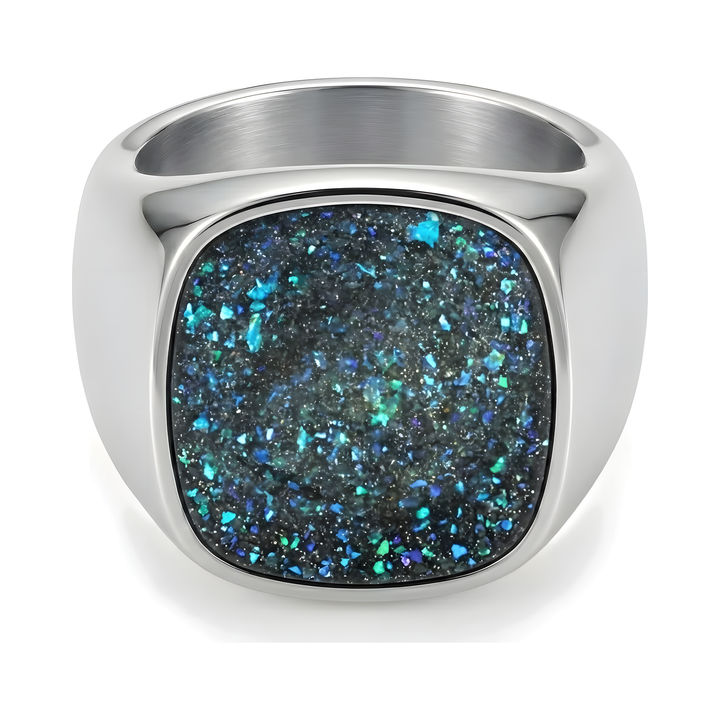 Galaxy Signet Ring, front-on view of the sparkling druzy stone face, isolated on white