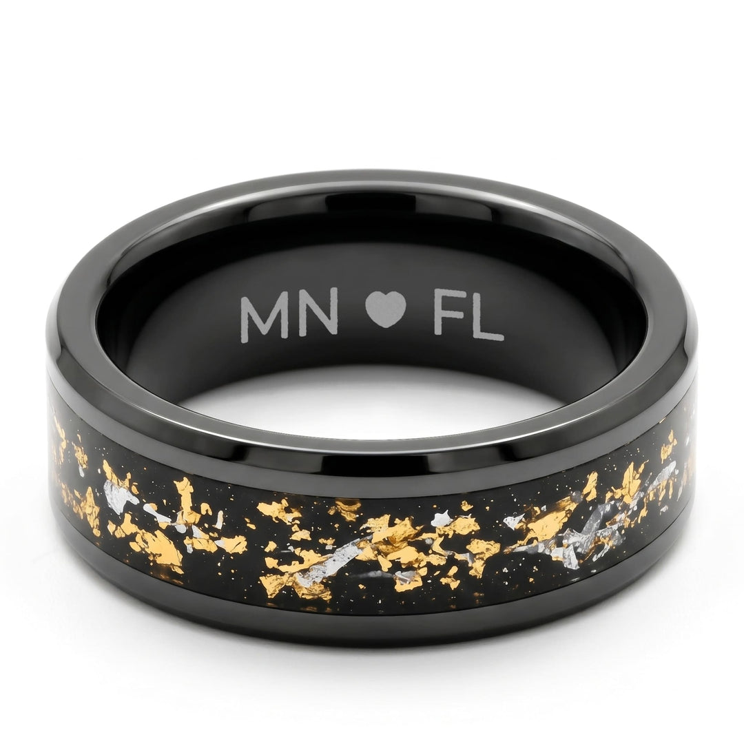 Gold Leaf Inlay Band (Black) engraving example: MN, a heart and FL engraved inside the band