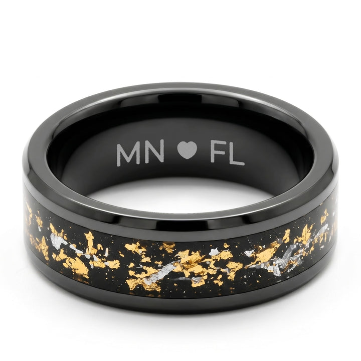 Gold Leaf Inlay Band (Black) engraving example: MN, a heart and FL engraved inside the band