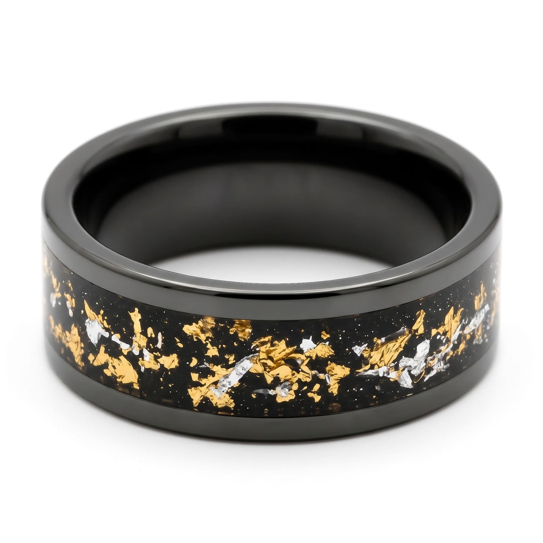 Gold Leaf Inlay Band (Black), front view of the gold and silver flakes set in the black inlay