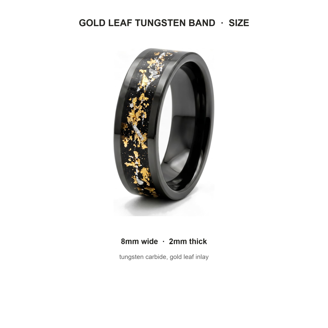 Gold Leaf Inlay Band (Black) size guide: 8mm wide, 2mm thick, tungsten carbide, gold leaf inlay