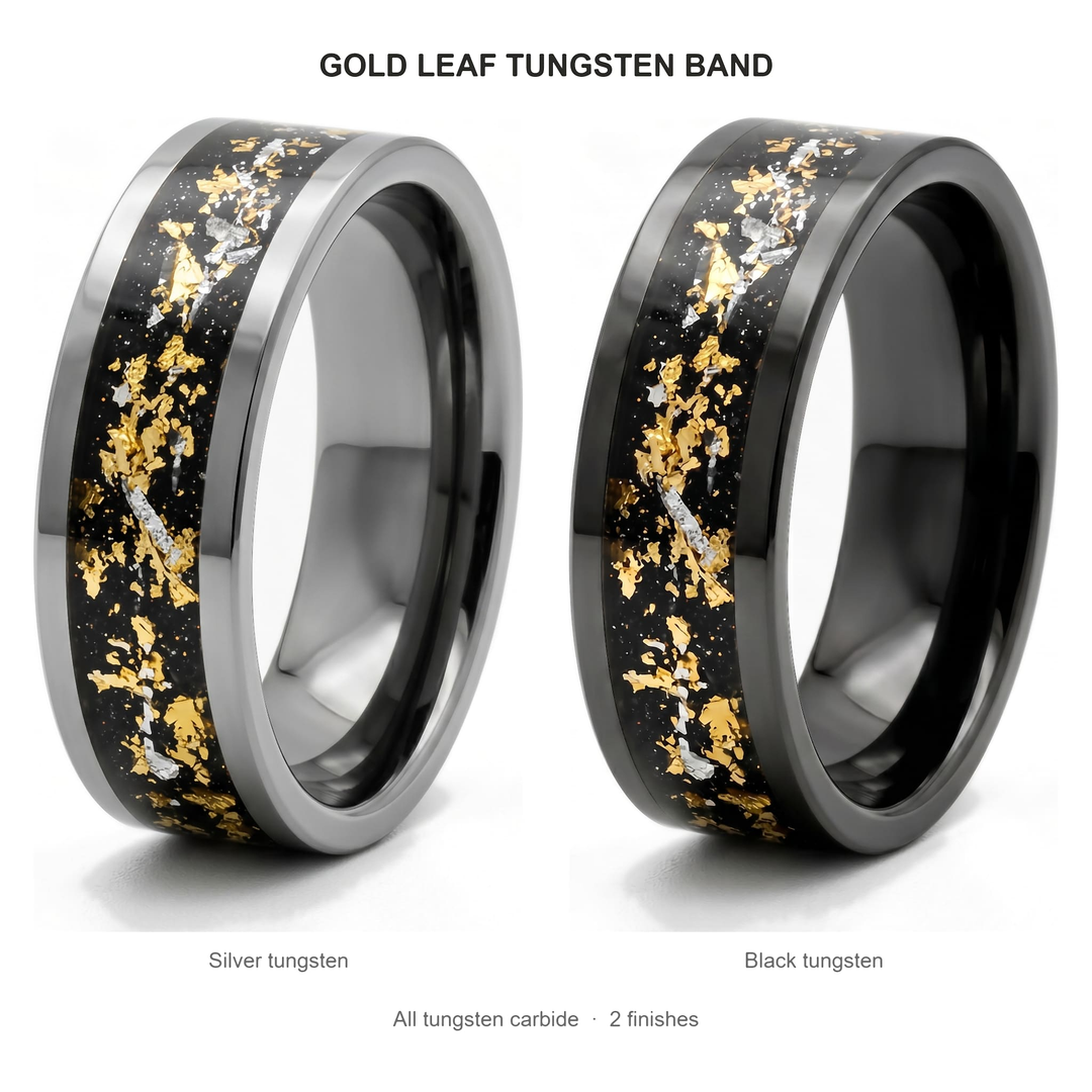 Gold Leaf Inlay Band (Black) finishes: Silver tungsten and Black tungsten, both tungsten carbide