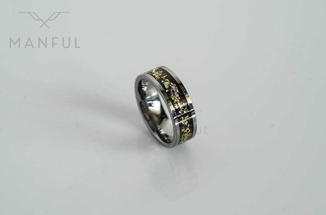 Gold Leaf Inlay Band Silver, close-up on a plain white background showing the inlay