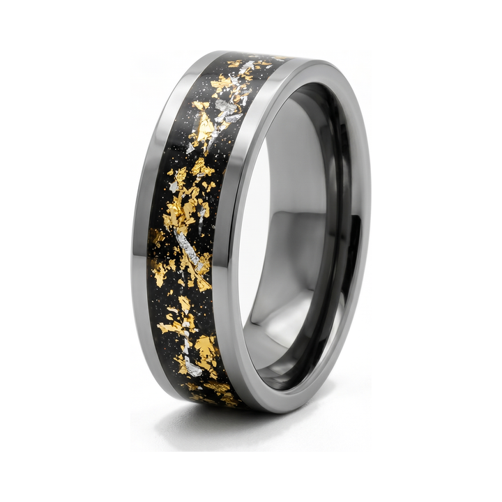 Gold Leaf Inlay Band Silver, isolated on white, angled to show the gold-flecked black inlay