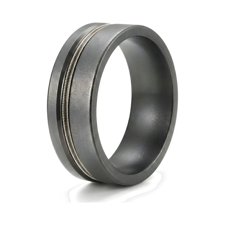 Gunmetal Guitar String Tungsten Band, isolated on a white background showing the wire string inlay