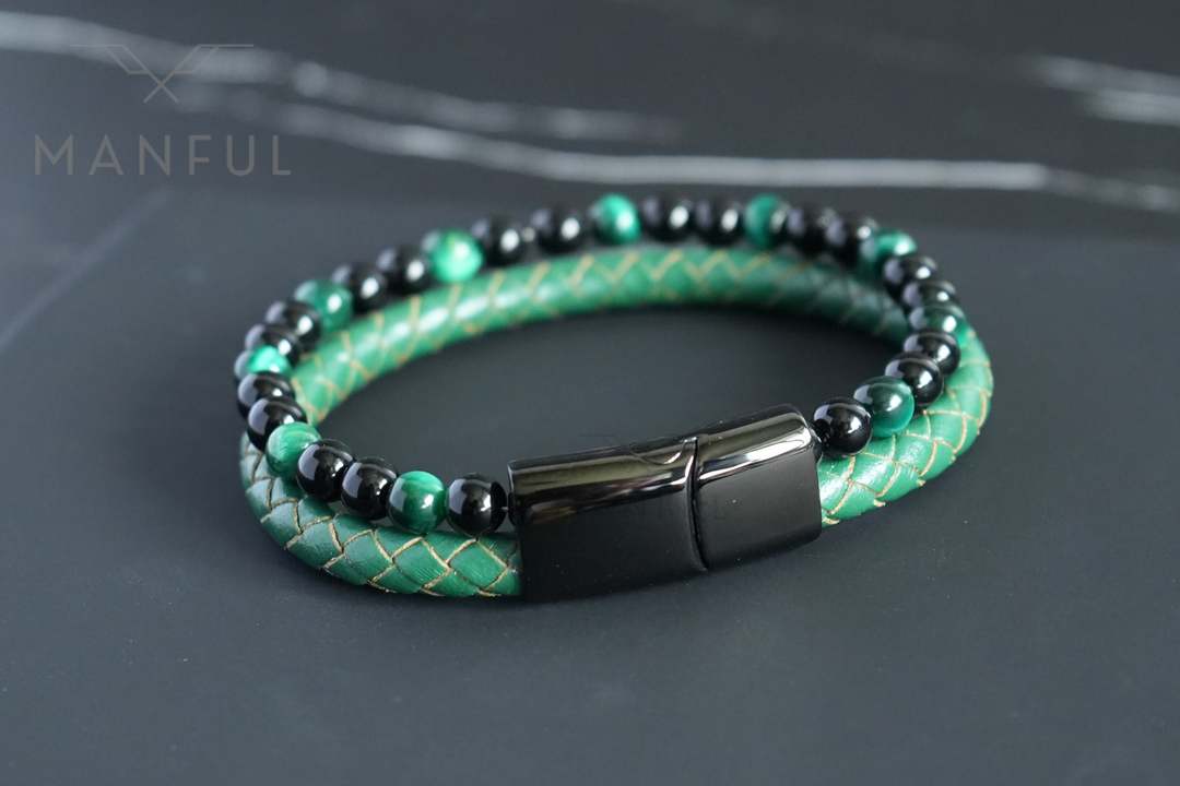 Jade Bead And Leather Bracelet, a closer angle on dark marble with the clasp filling the foreground