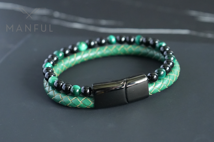 Jade Bead And Leather Bracelet, a closer angle on dark marble with the clasp filling the foreground
