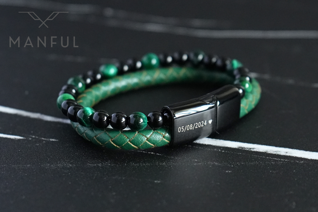 Jade Bead And Leather Bracelet, close-up of the clasp engraved with a date and a heart icon