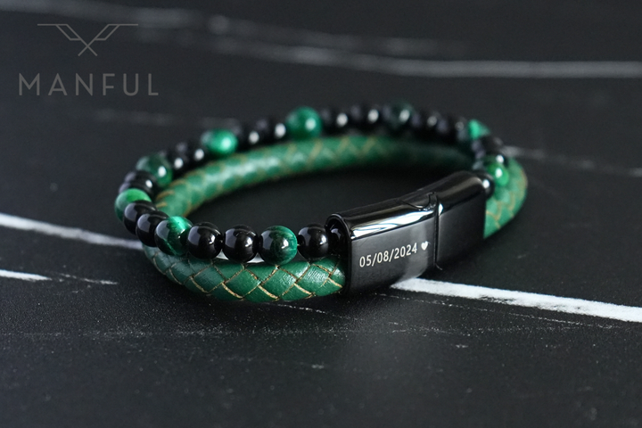 Jade Bead And Leather Bracelet, close-up of the clasp engraved with a date and a heart icon