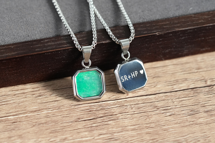 Jade Square Necklace, shown front and back side by side with a custom SR+HP engraving