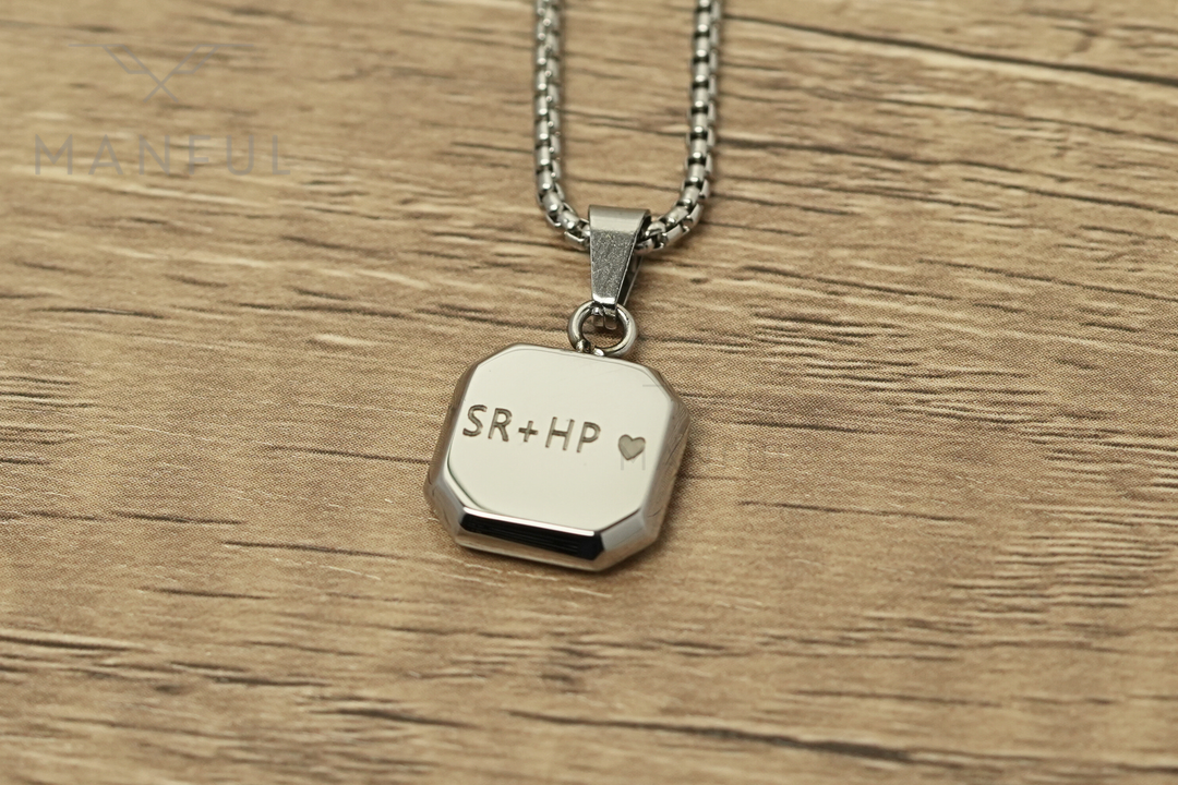 Jade Square Necklace, close-up of the engraved back reading SR+HP with a heart
