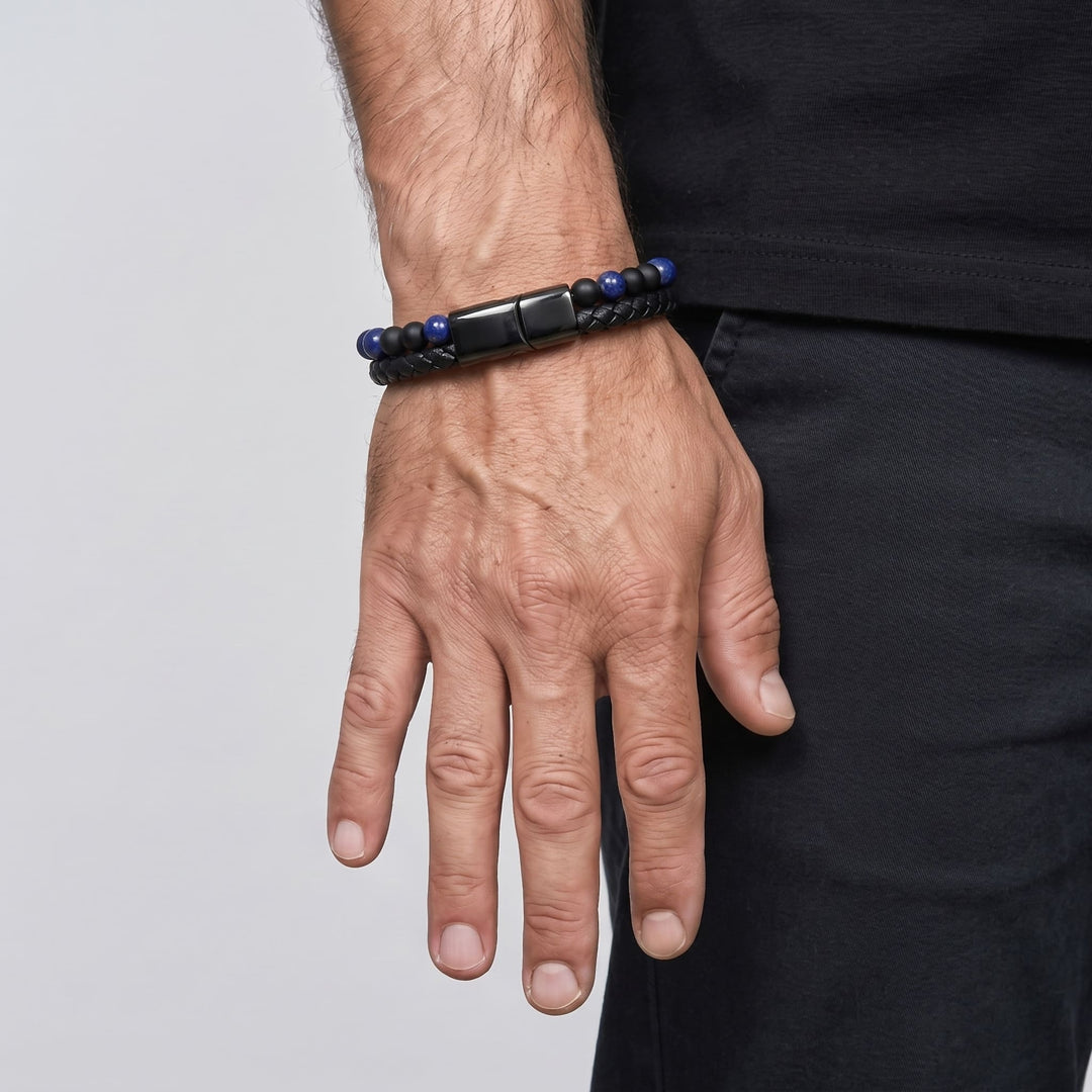 Lapis And Onyx Bead Leather Bracelet on a man's wrist, his arm relaxed at his side