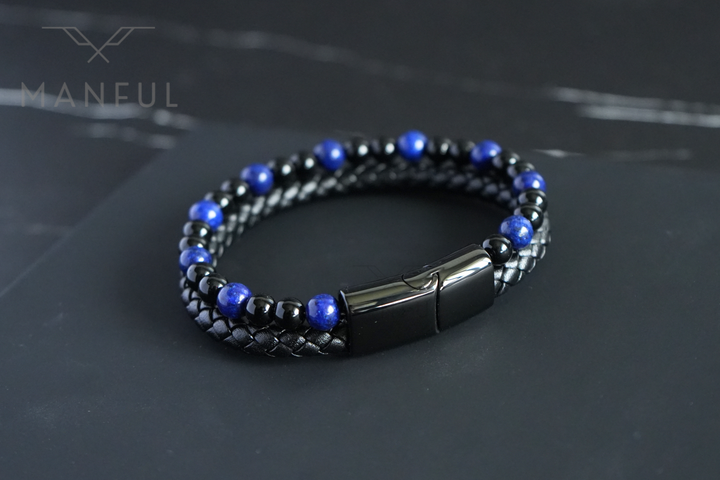 Lapis And Onyx Bead Leather Bracelet, close-up on a dark surface highlighting the gunmetal magnetic clasp