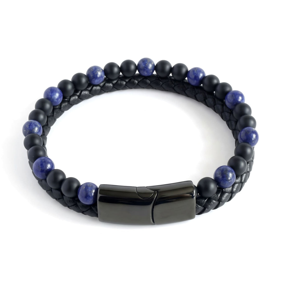 Lapis And Onyx Bead Leather Bracelet seen from above at an angle with the black clasp at the bottom