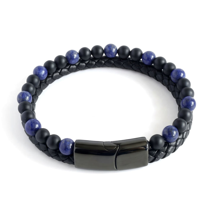 Lapis And Onyx Bead Leather Bracelet seen from above at an angle with the black clasp at the bottom
