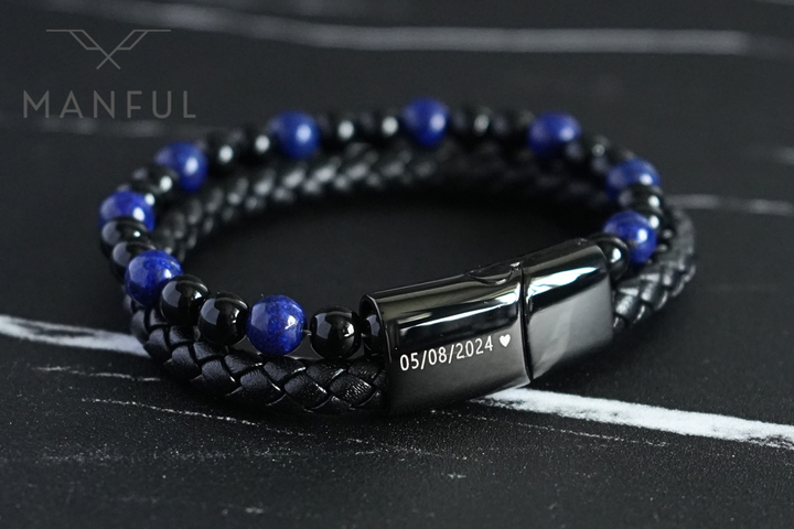Lapis And Onyx Bead Leather Bracelet, close-up of the clasp engraved with a date and heart on a dark surface