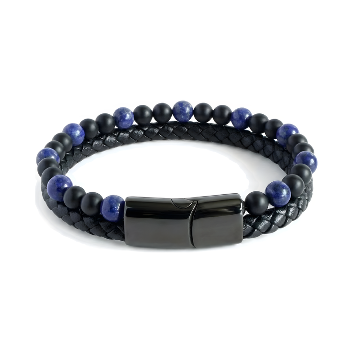 Lapis And Onyx Bead Leather Bracelet, laid flat on a white background showing the blue bead strand and magnetic clasp