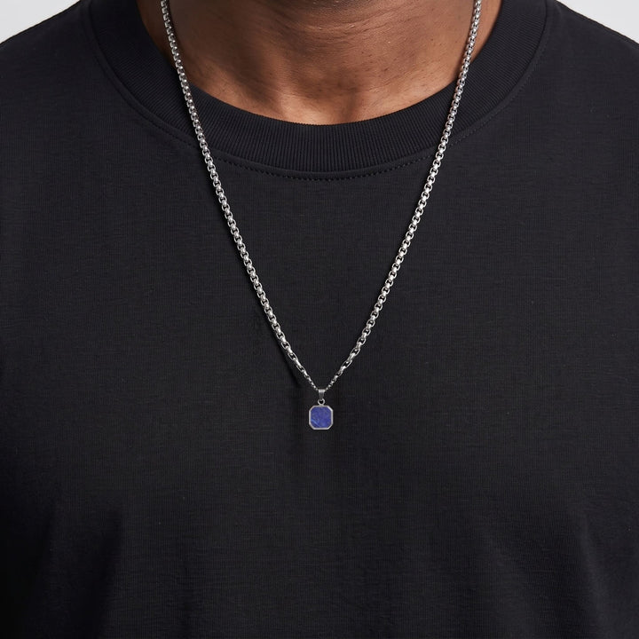 Lapis Square Necklace (Silver) on a man's chest over a black t-shirt