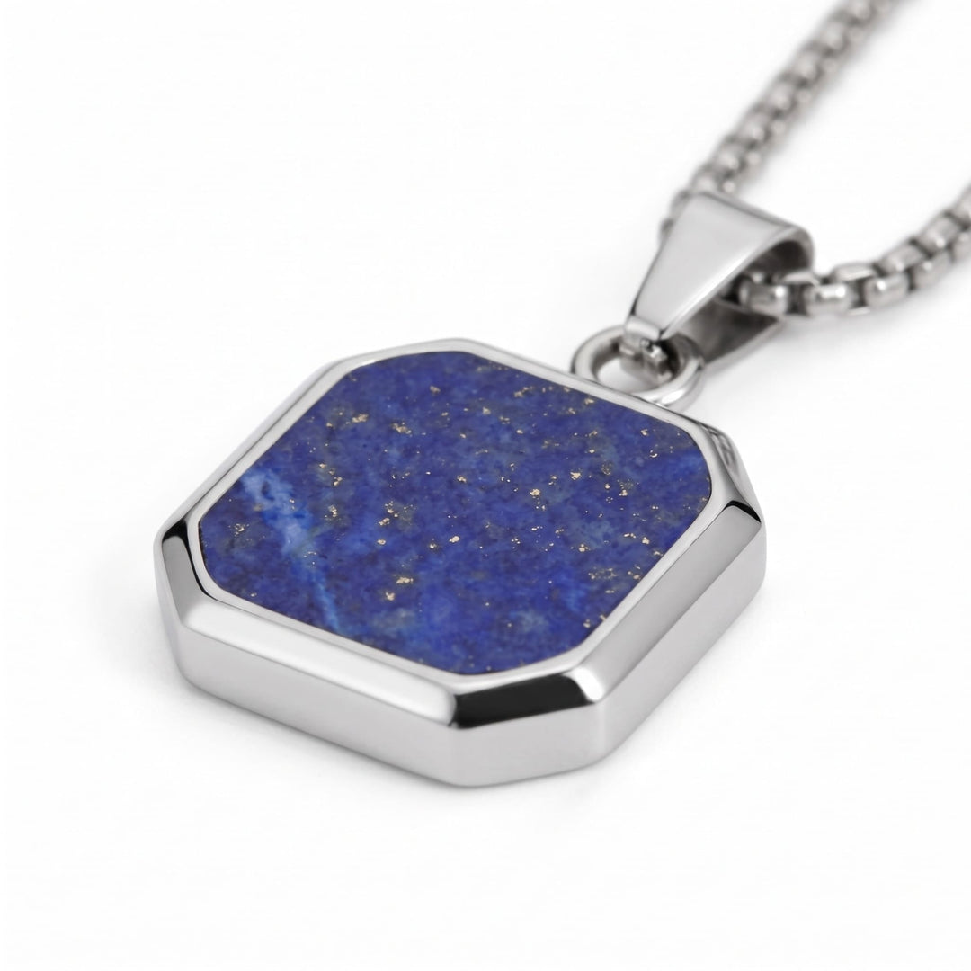 Lapis Square Necklace (Silver), close-up of the blue flecked stone, steel bezel and bail