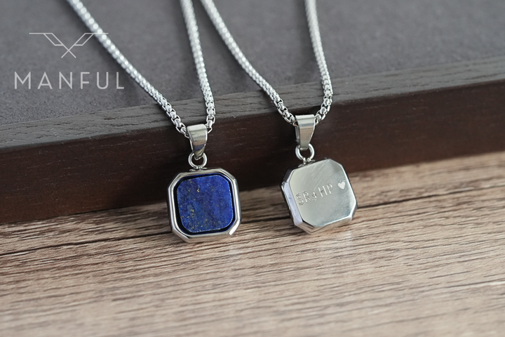 Lapis Square Necklace Silver, paired on wood with a matching engraved silver pendant