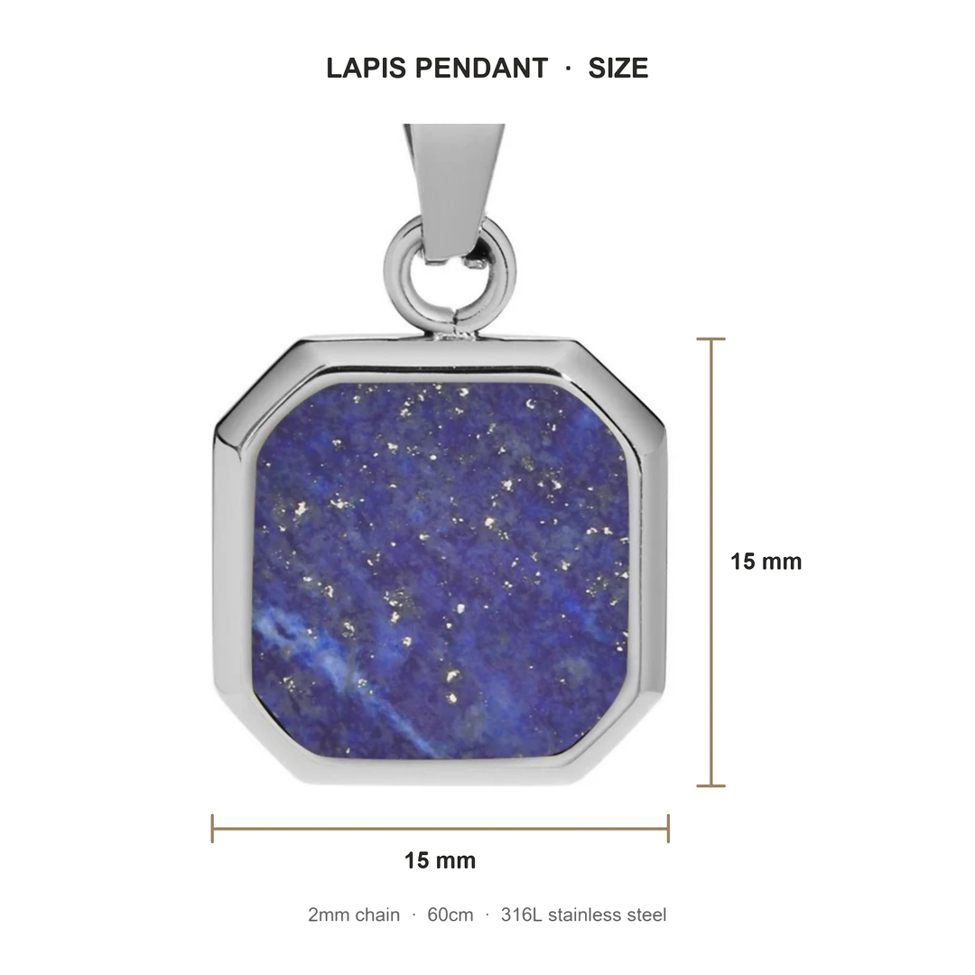 Lapis Square Necklace (Silver) size guide: pendant 15mm by 15mm, 2mm chain, 60 cm