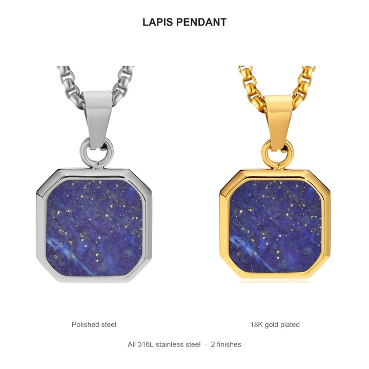 Lapis Square Necklace (Silver) finishes: Polished steel and 18K gold plated, both 316L stainless steel
