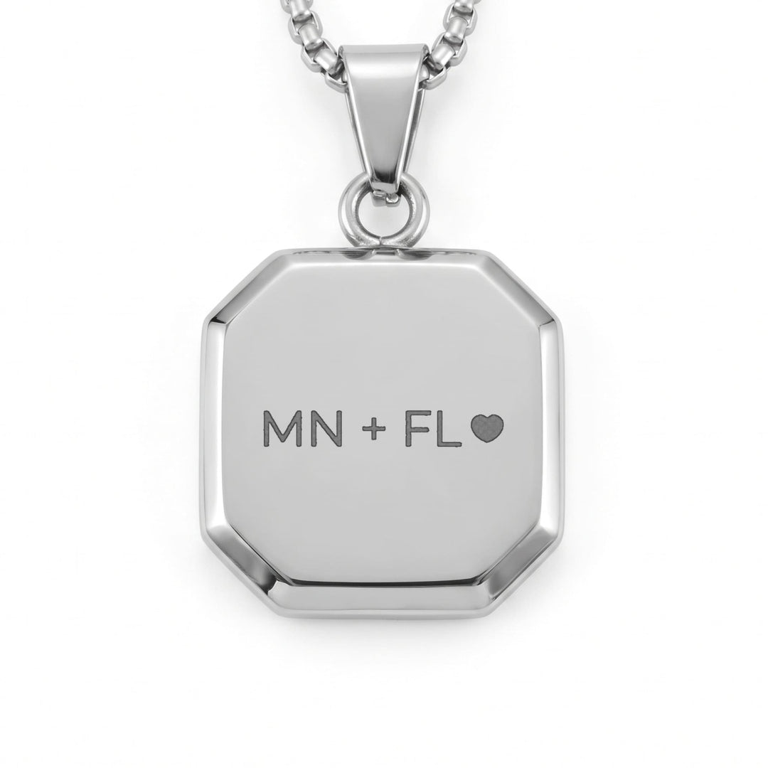 Lapis Square Necklace (Silver) engraving example: MN + FL with a heart on the steel back