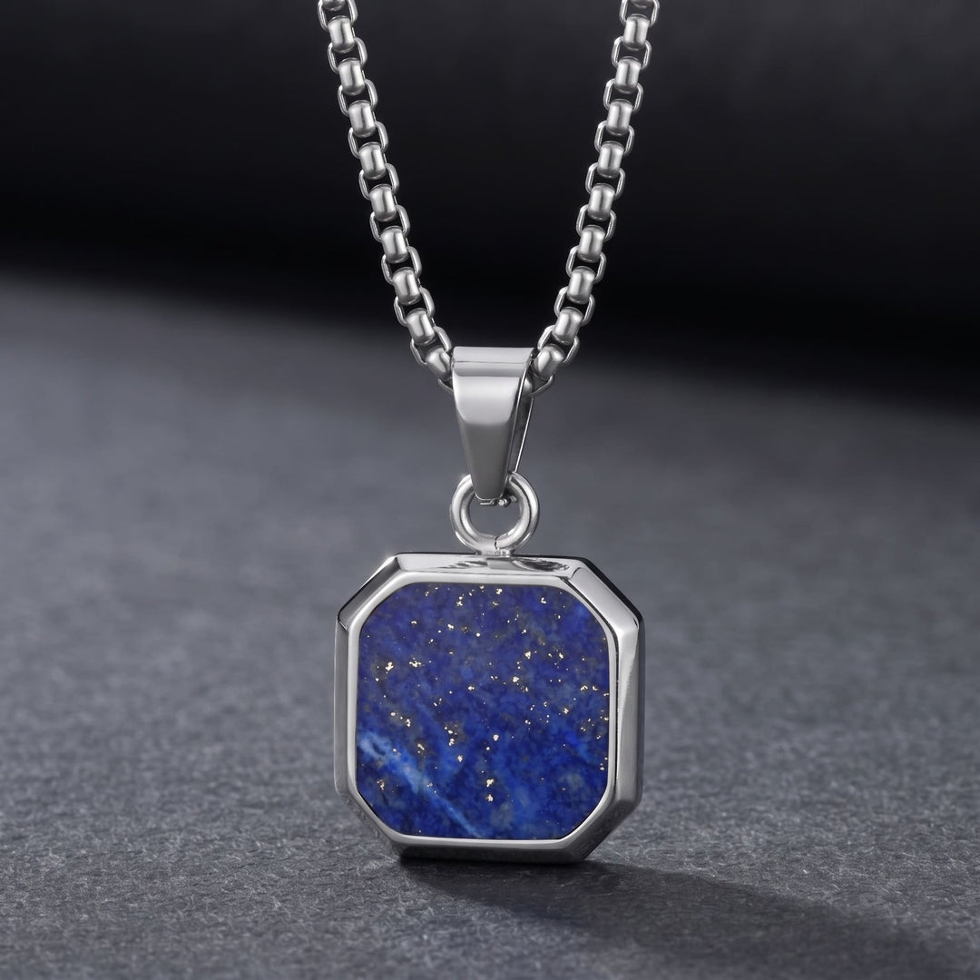 Lapis Square Necklace (Silver) against a dark charcoal backdrop