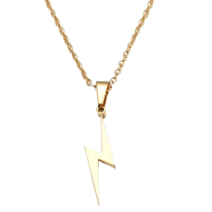 Lightning Pendant Necklace Gold, isolated on a white background hanging by its chain