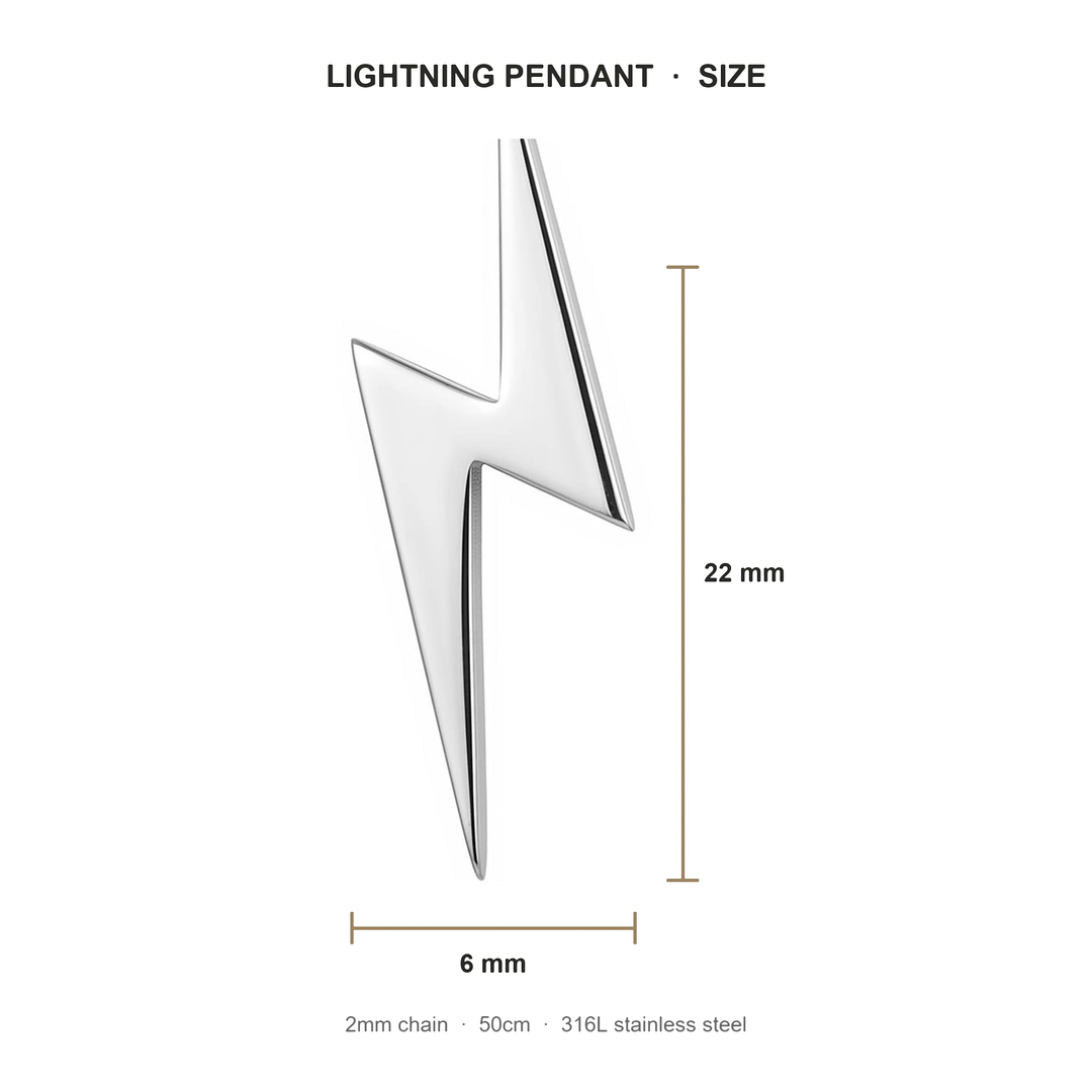Lightning Pendant Necklace (Silver) size guide: pendant 22mm tall, 6mm wide, 2mm chain, 50 cm