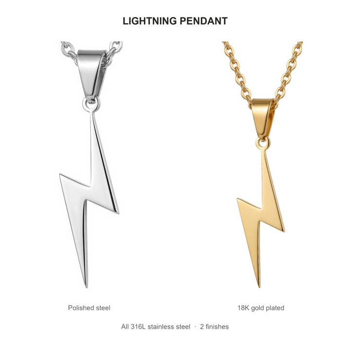 Lightning Pendant Necklace (Silver) finishes: Polished steel and 18K gold plated, both 316L stainless steel