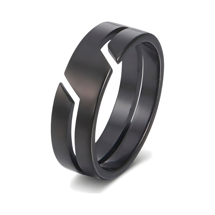 Line Cut Ring Black, angled view of the zigzag cut band, isolated on white