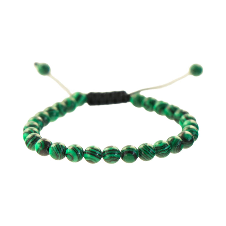 Malachite Bead Bracelet, isolated on a white background showing the green beads and adjustable cord