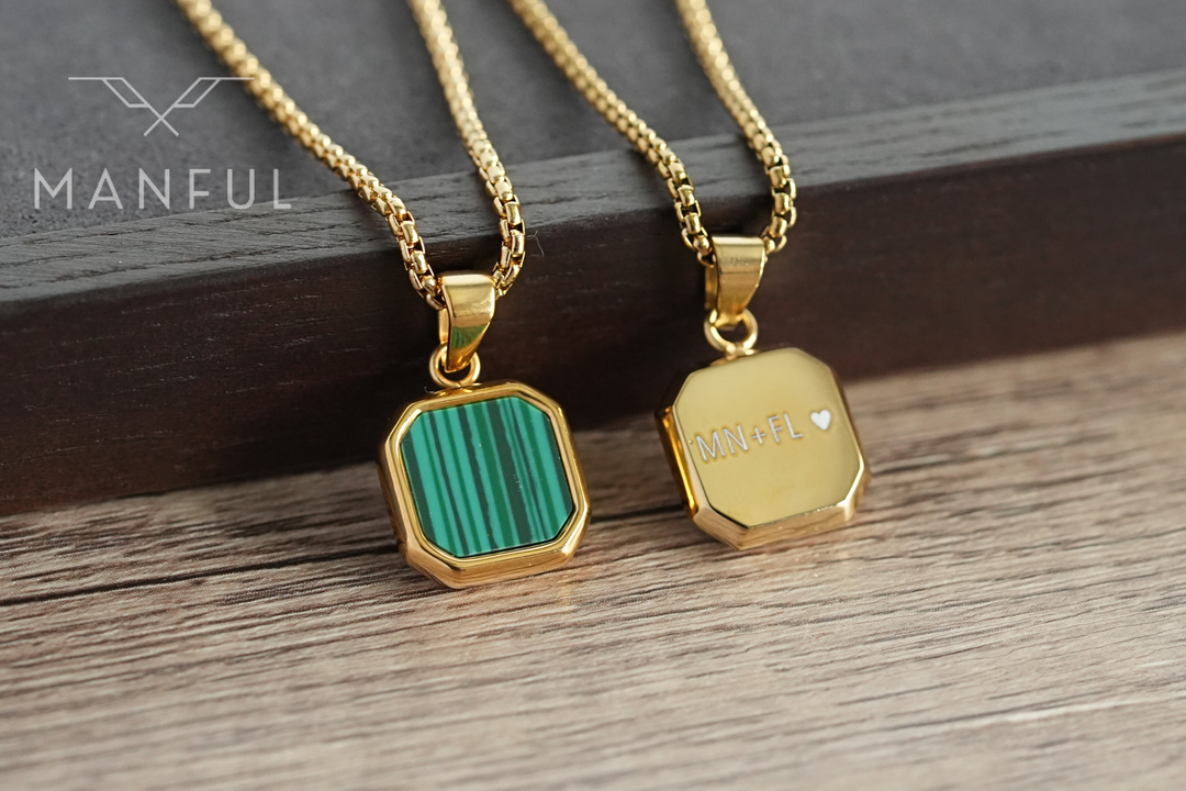Malachite Square Necklace Gold, shown front and back side by side with an engraved reverse