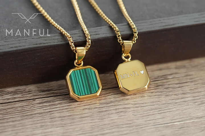 Malachite Square Necklace Gold, shown front and back side by side with an engraved reverse