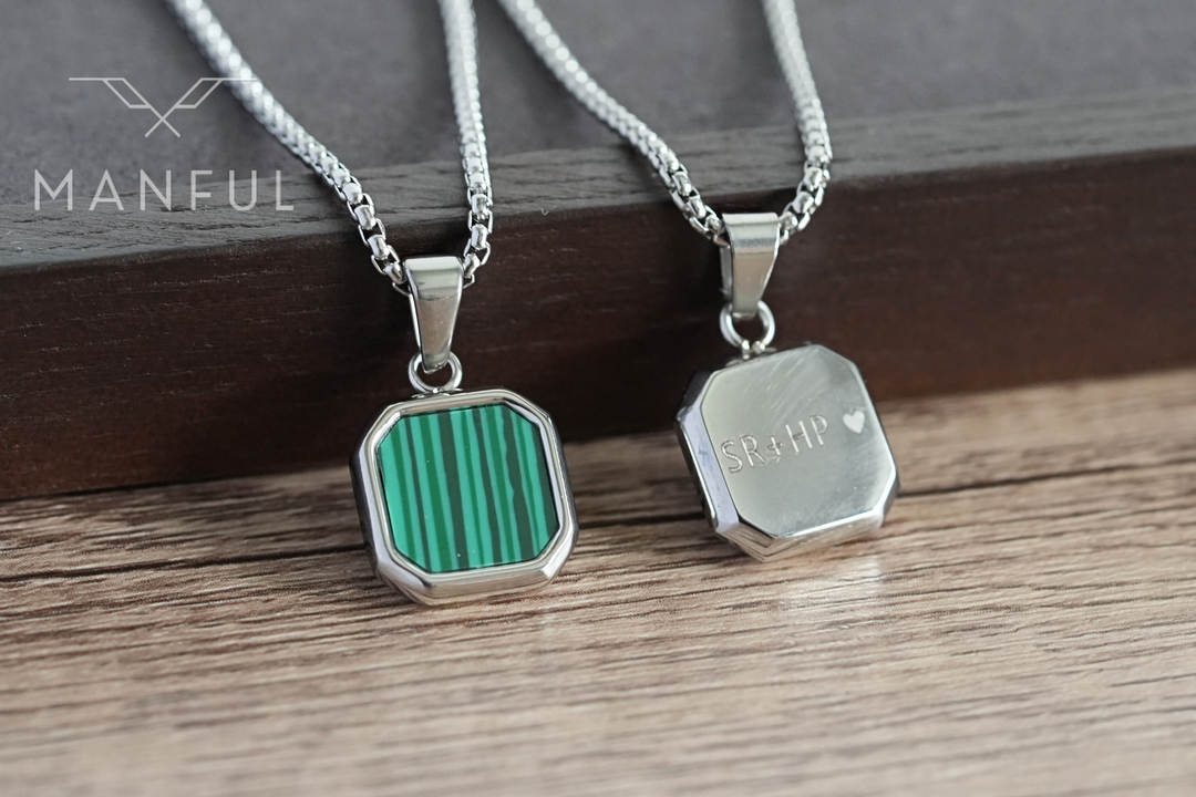 Malachite Square Necklace Silver, two pendants side by side showing front and engraved back