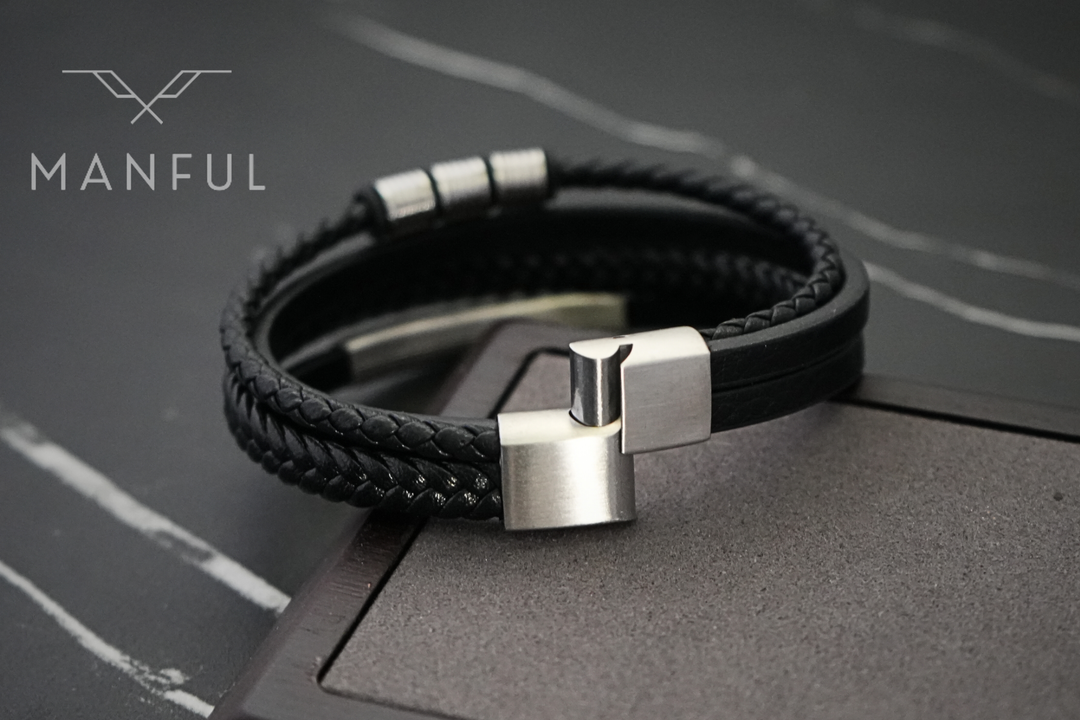 Black & Silver Leather Bracelet, close-up of the magnetic clasp fastening