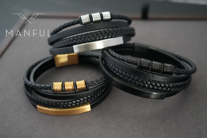 Black & Silver Leather Bracelet, three colourways in a flat lay with the gold clasp forward