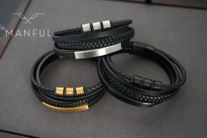 Black & Silver Leather Bracelet, three colourways in a flat lay with the silver clasp forward