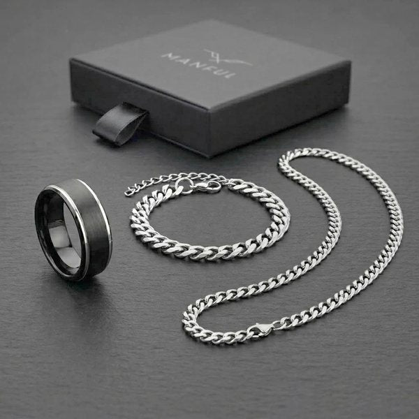 Mens Jewellery Gift Bundle, a black ring, silver curb chain and bracelet beside a black Manful gift box