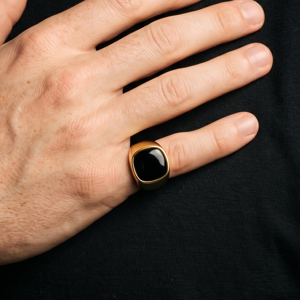 Mens Signet Rings Collection, a gold signet ring with a black onyx face worn on a man's little finger against a black tee