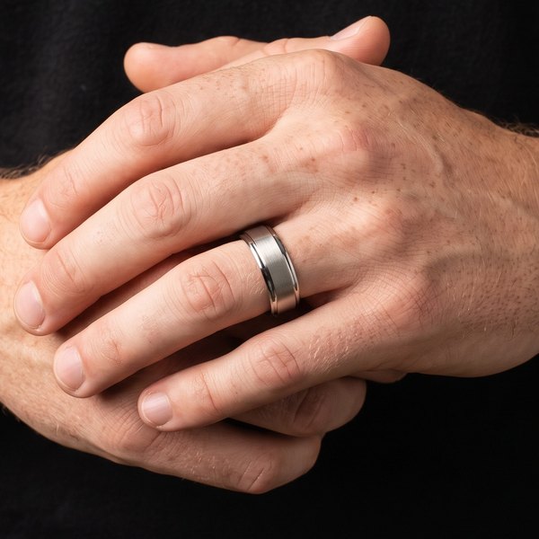 Mens Wedding Bands Collection, a brushed silver tungsten band on a man's ring finger, hands clasped against a black tee