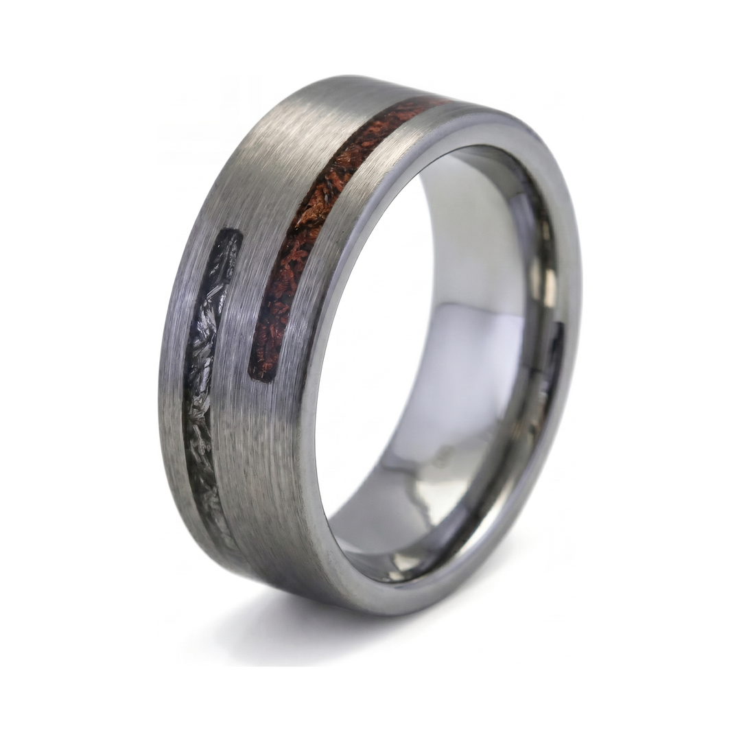 Meteorite & Dinosaur Bone Inlay Band, isolated on a white background showing the brushed grey band and dark inlay