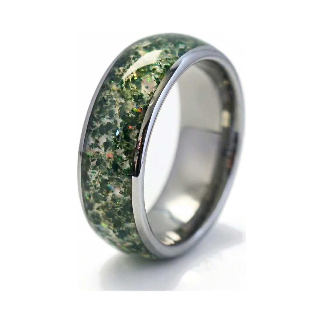 Moss Agate & Crushed Opal Ring, isolated on a white background showing the sparkling green stone inlay