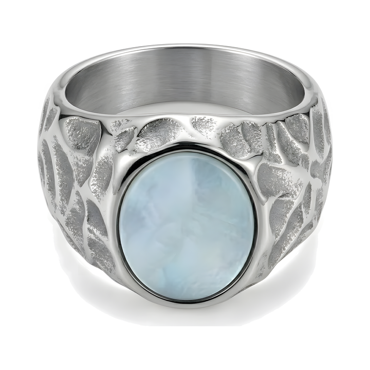 Mother of Pearl Signet Ring, isolated on a white background showing the hammered band and stone