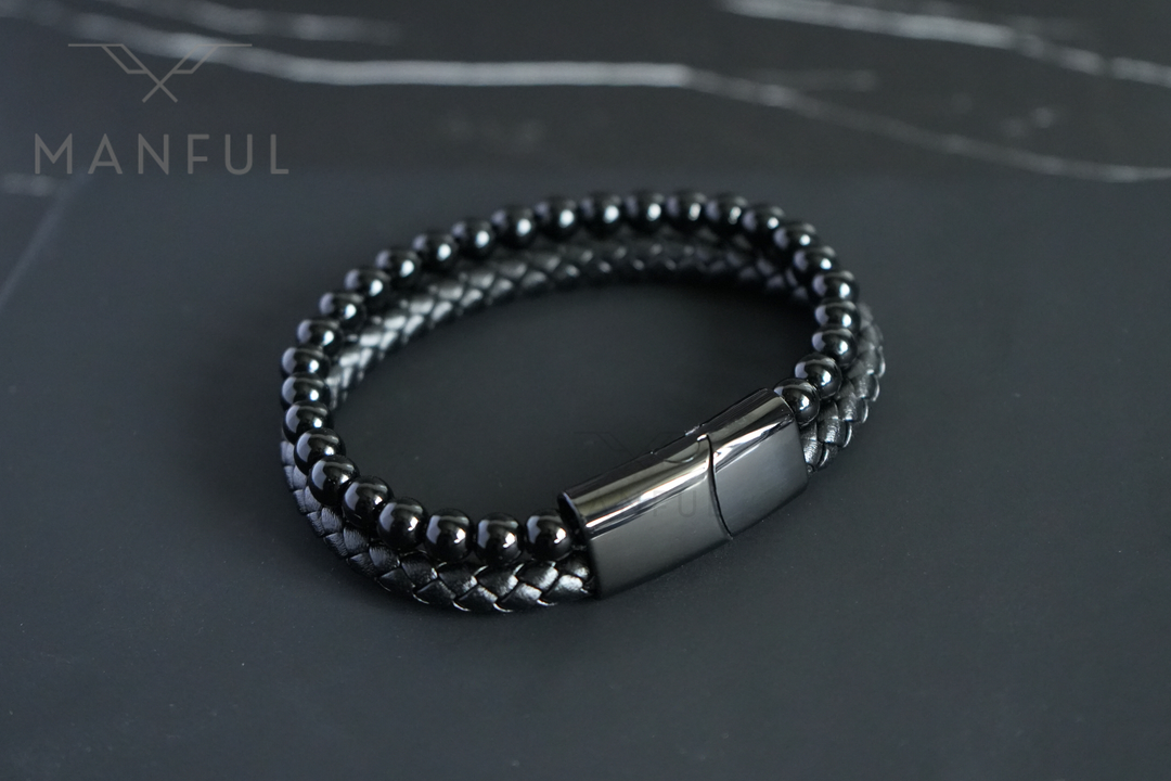 Onyx Bead And Leather Bracelet, a closer angle on dark marble with the clasp filling the foreground