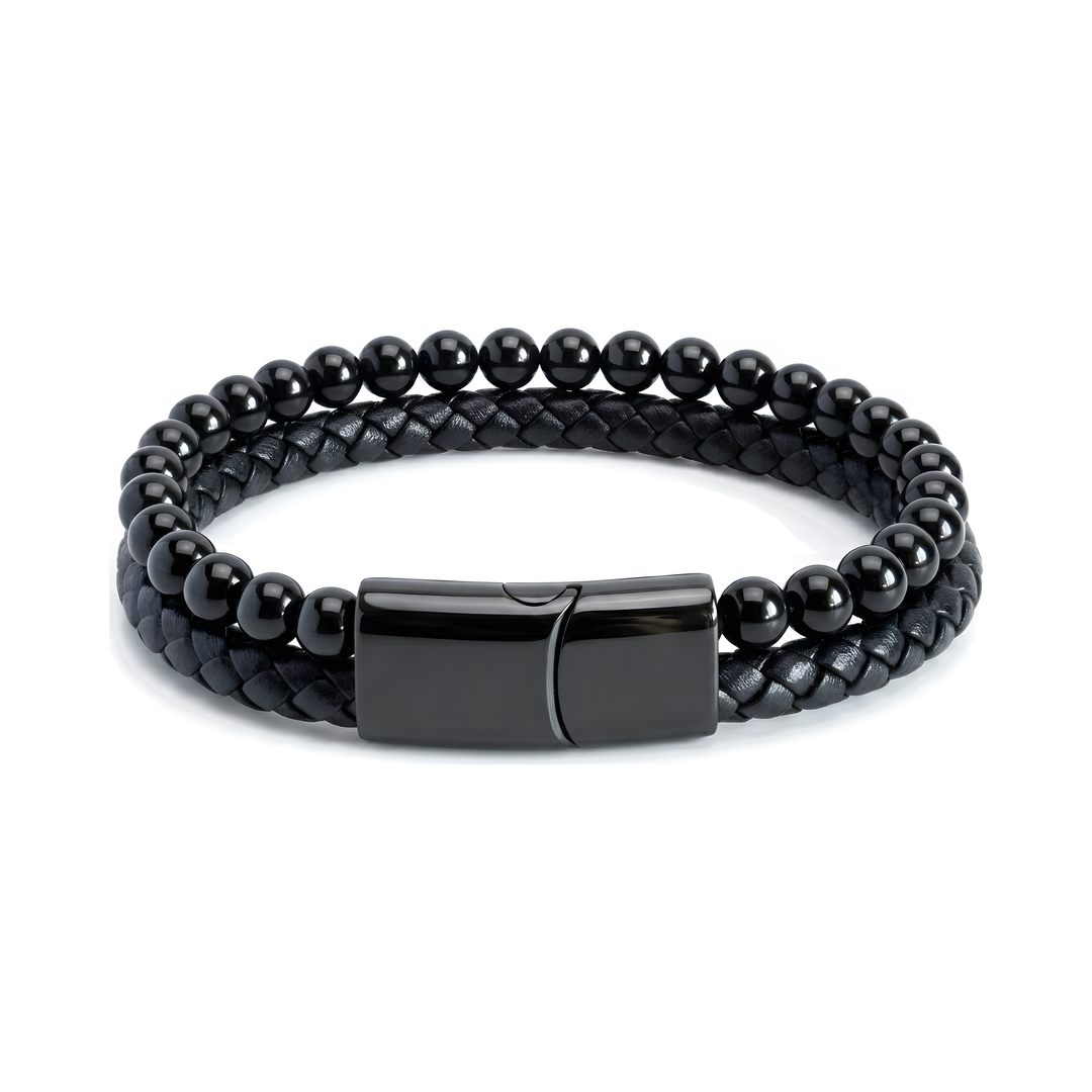 Onyx Bead And Leather Bracelet