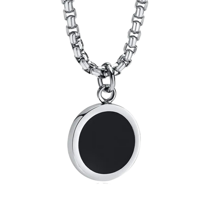 Onyx Circle Necklace, isolated on white background hanging straight down